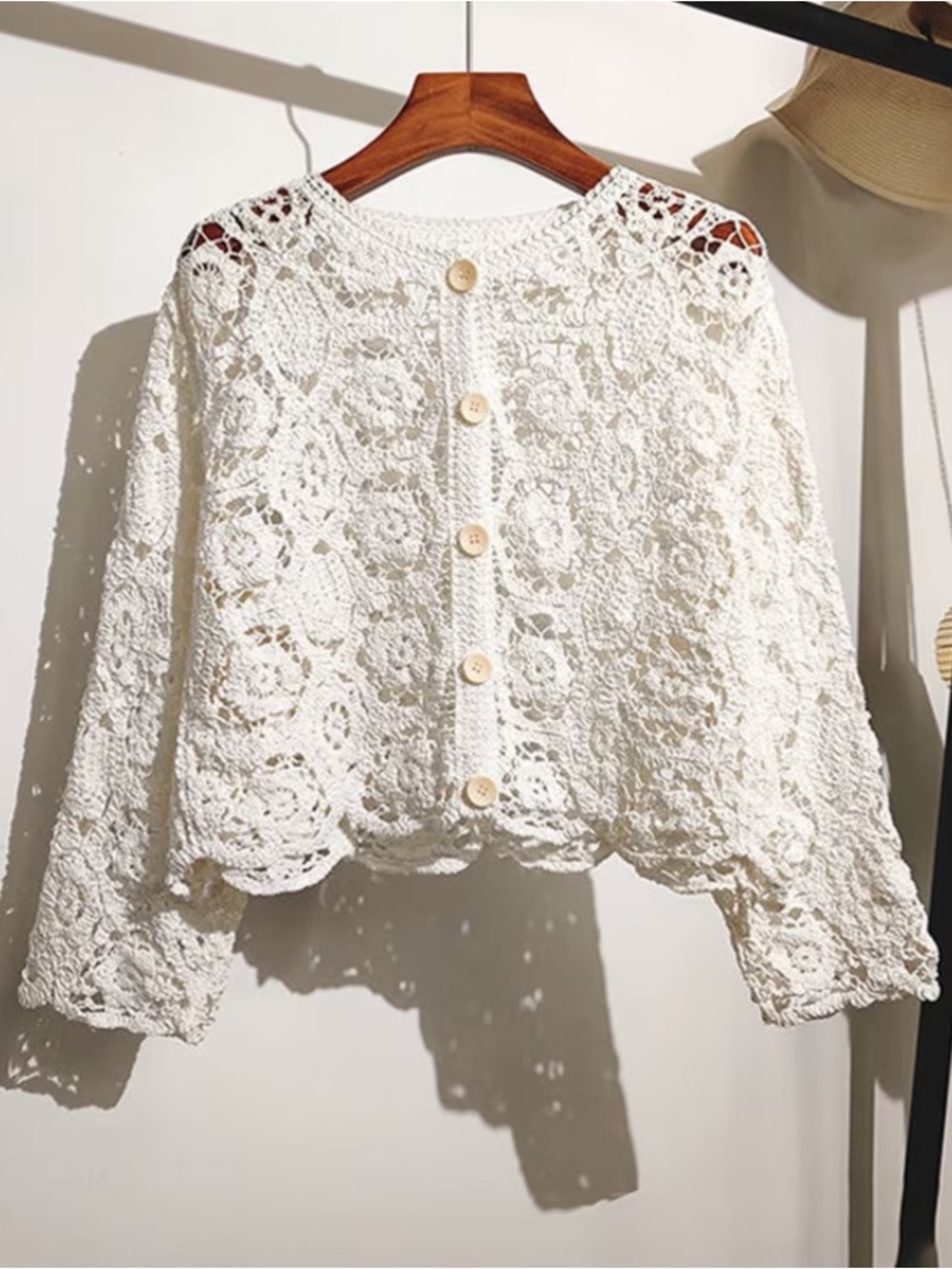 CROCHET White Open Knit Floral Pattern Cardigan